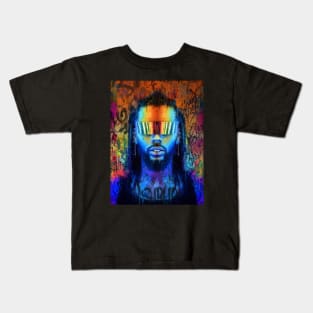 Cyberdude // Man in futuristic glasses by neon light. Stylization as a portrait in oil painted. Graffiti style x spray drip Kids T-Shirt